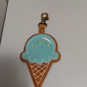 Portland Leather Ice Cream Cone Keychain - Light Blue and Tan New